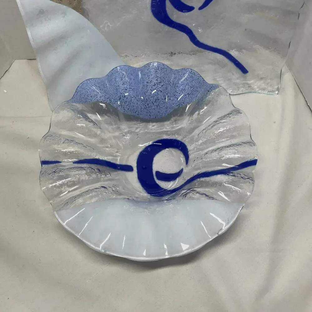 Vintage 2 Sydenstricker Fused Glass Plate And Bowl Set Abstract Blue & white